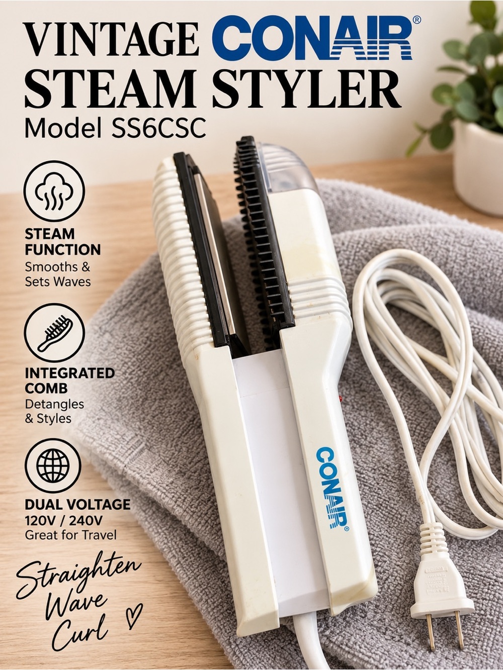 Conair SS6CSC Vintage Steam Hair Straightener Styler Dual Voltage